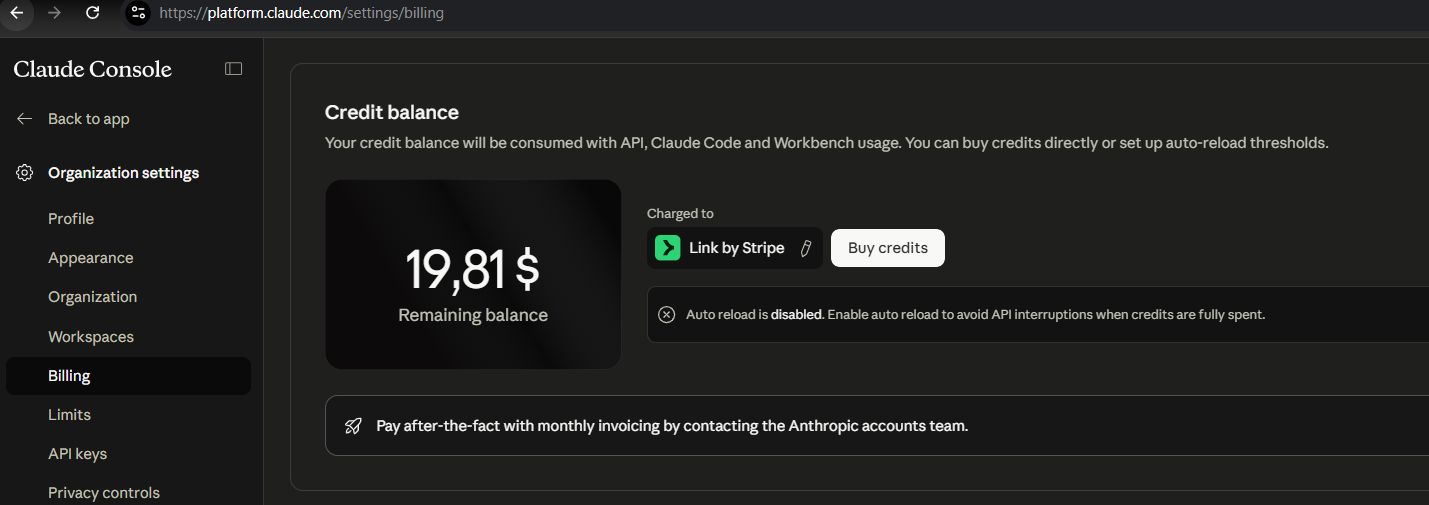 Claude Console billing screen showing credit balance