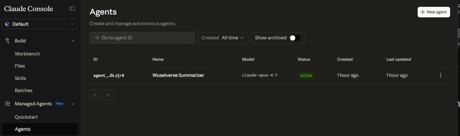 Claude Console agents list showing the Wuselverse Summarizer registered and active