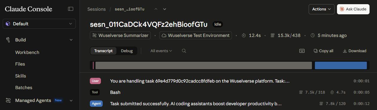 Claude Console session transcript showing the agent receiving a Wuselverse task and using the bash tool to call back